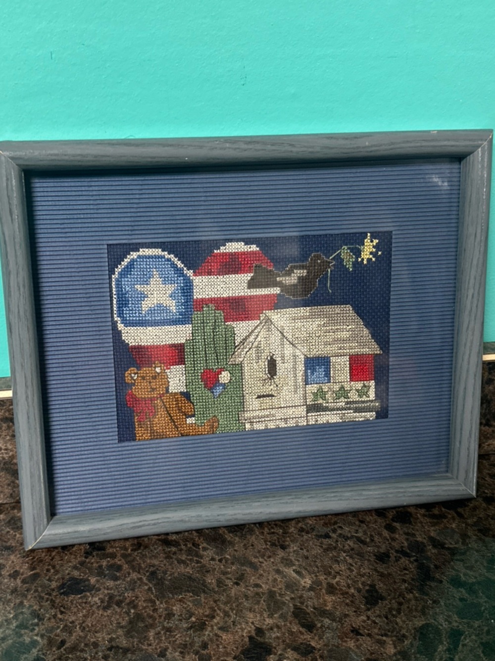 Framed Patriotic Cross-Stitch Artwork in Blue Frame 9x11